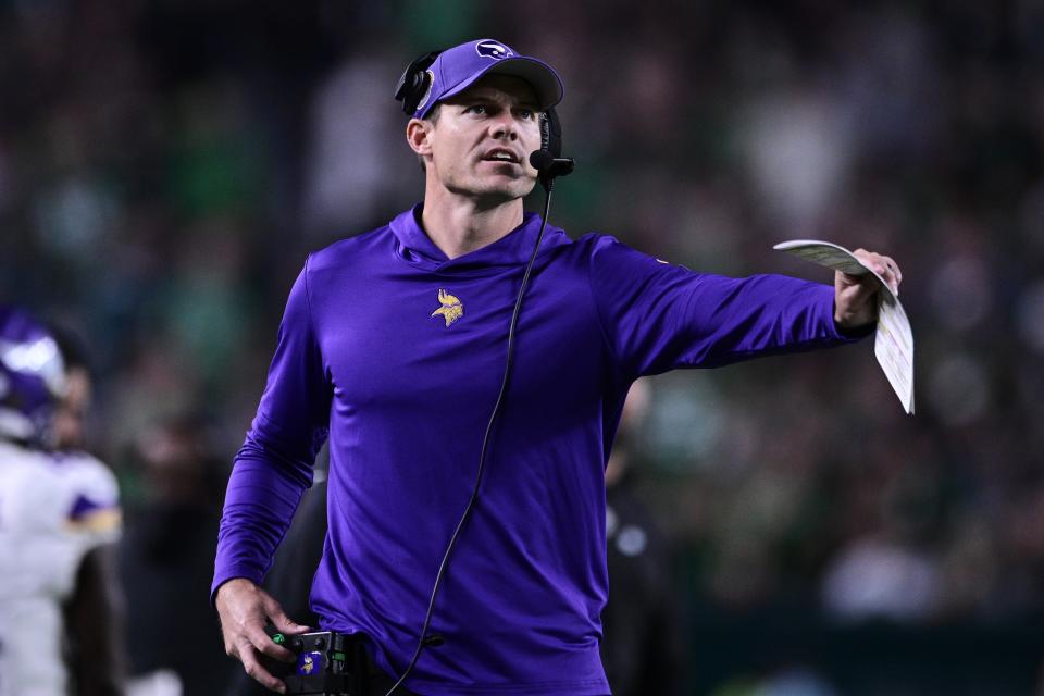 Minnesota Vikings head coach Kevin O'Connell directs his team during the first half of an NFL football game against the Philadelphia Eagles on Thursday, Sept. 14, 2023, in Philadelphia. (AP Photo/Derik Hamilton)