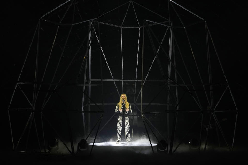 Sam Ryder from United Kingdom singing 'Space Man' performs during the final dress rehearsal at the Eurovision Song Contest in Turin, Italy, Friday, May 13, 2022. (AP Photo/Luca Bruno)