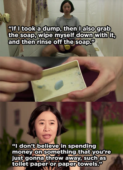 A woman using soap to wipe after pooping instead of toilet paper