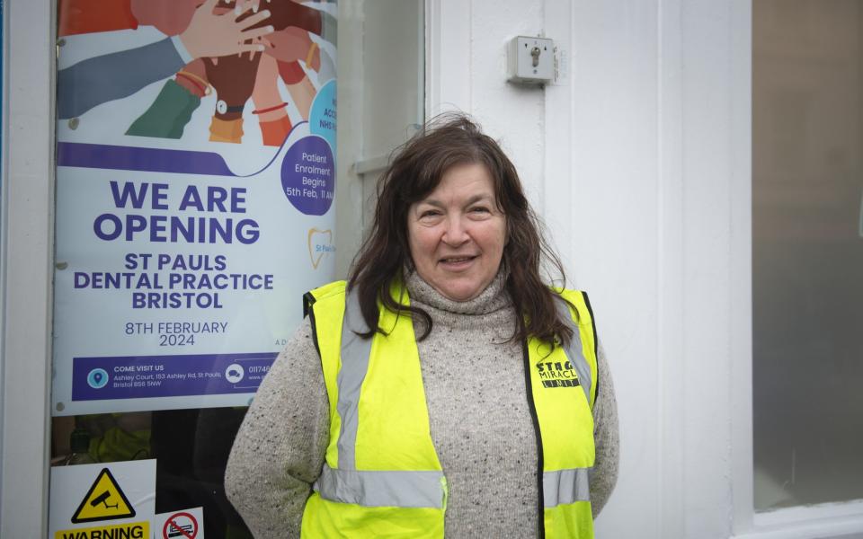Barbara Cook, one of the campaign leaders, on the second day of the queue outside a new dental practice in St Pauls, Bristol, UK