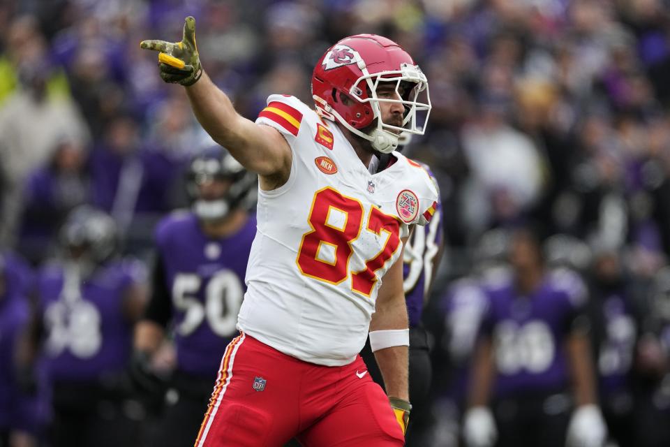 Kansas City Chiefs tight end Travis Kelce (87) gestures after a first down during the first half of the AFC Championship NFL football game against the Baltimore Ravens, Sunday, Jan. 28, 2024, in Baltimore. (AP Photo/Nick Wass)