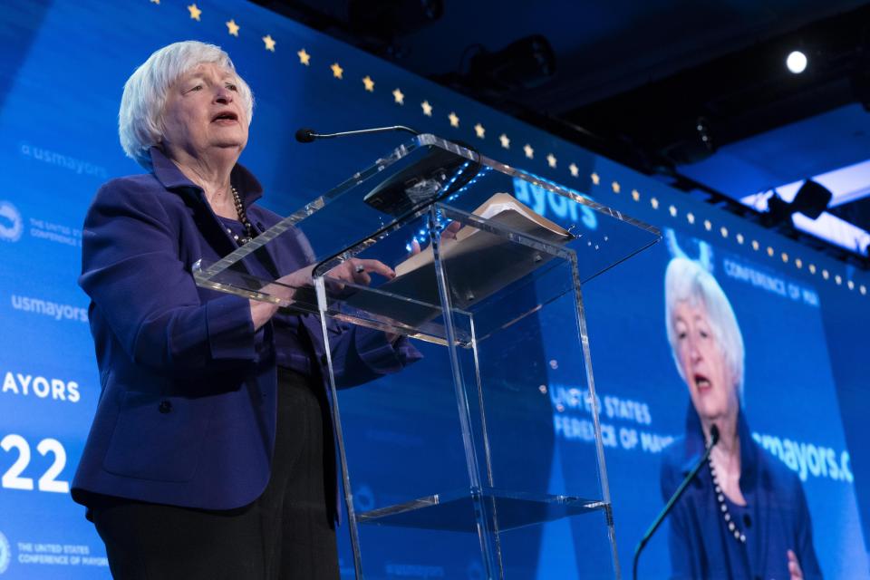 Treasury Secretary Janet Yellen speaks at the 90th Conference of Mayors at the Capital Hilton in Washington, Wednesday, Jan. 19, 2022. ( AP Photo/Jose Luis Magana)