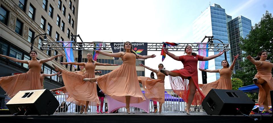 A dance troupe composed of LGTBQ+ members and allies performs during the annual Worcester Pride Festival.