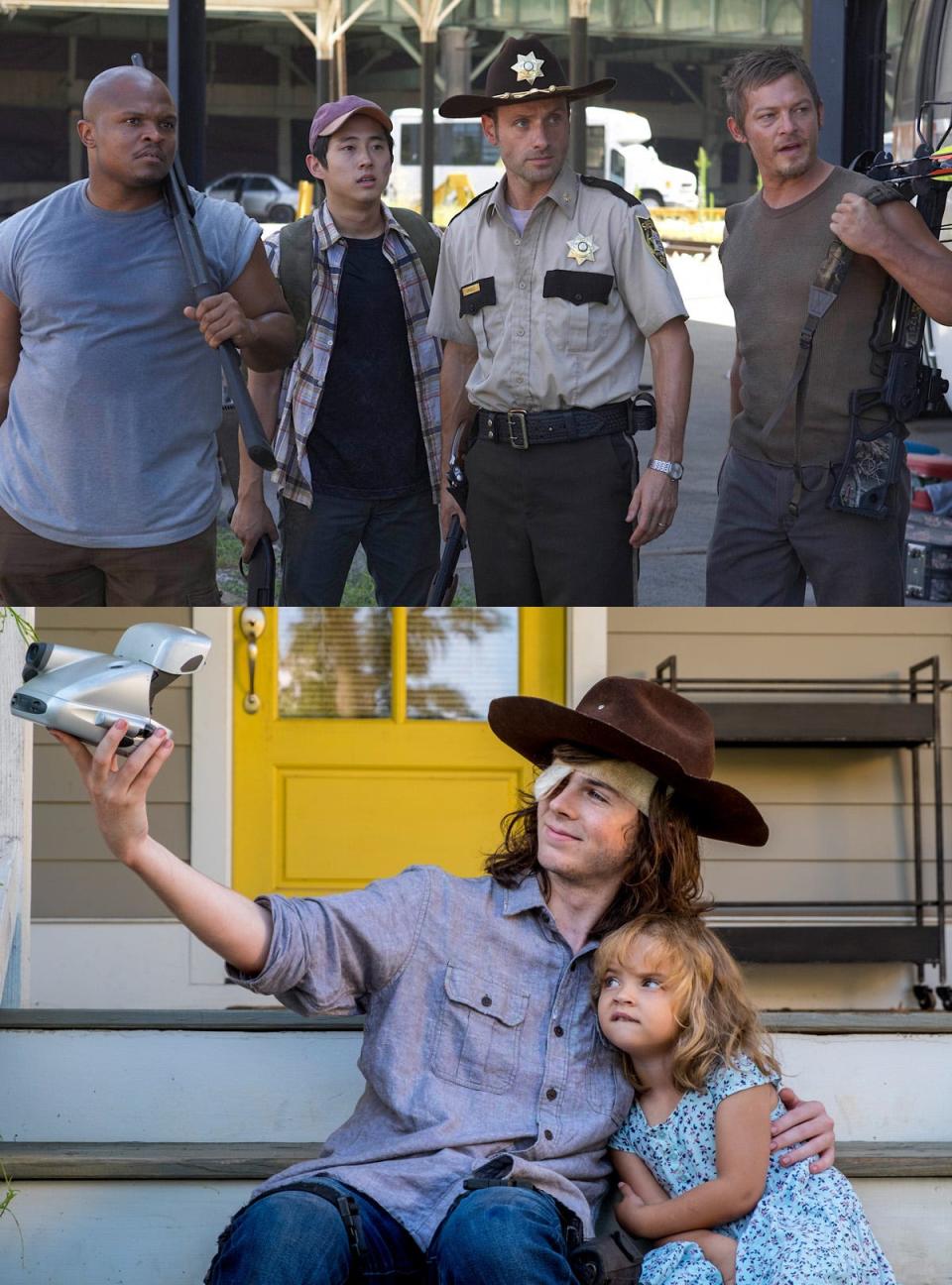 TWD Rick and Carl wearing hat