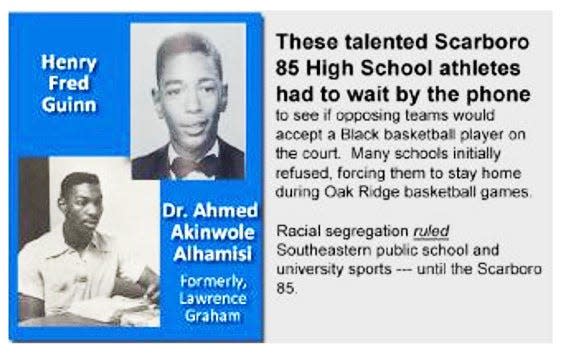 Fred Guinn and Lawrence Graham (now Dr. Ahmed Akinwole Alhamisi), two Oak Ridge Black students who led the way to breaking the racial barrier in public school sports in the Southeast.