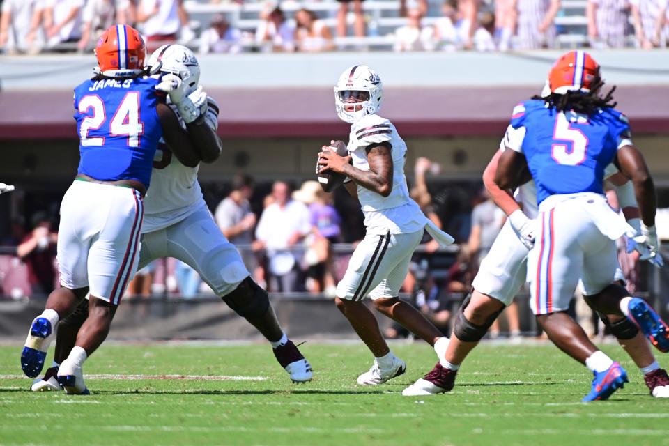 Mississippi State quarterback Michael Van Buren Jr. drops back to pass against Florida in the fourth quarter last week. The true freshman will make his first start Saturday against Texas as he replaces the injured Blake Shapen.