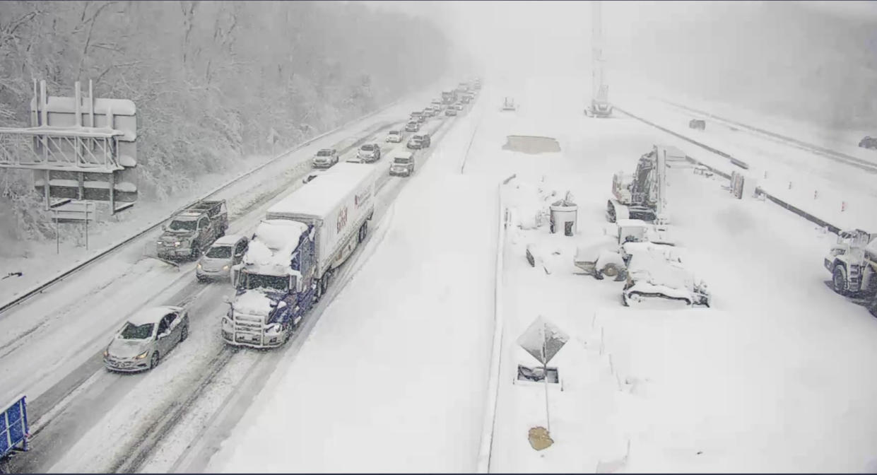 This image provided by the Virginia department of Transportation shows a closed section of Interstate 95 near Fredericksburg, Va. Monday Jan. 3, 2022. Both northbound and southbound sections of the highway were closed due to snow and ice. (Virginia Department of Transportation via AP)