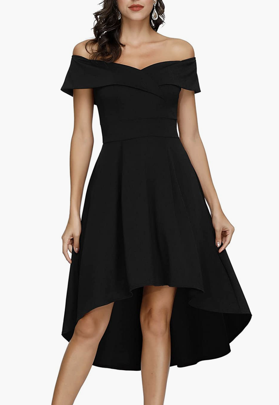 brunette model wearing Jasambac Off-the-Shoulder High-Low Cocktail Dress in black (Photo via Amazon)