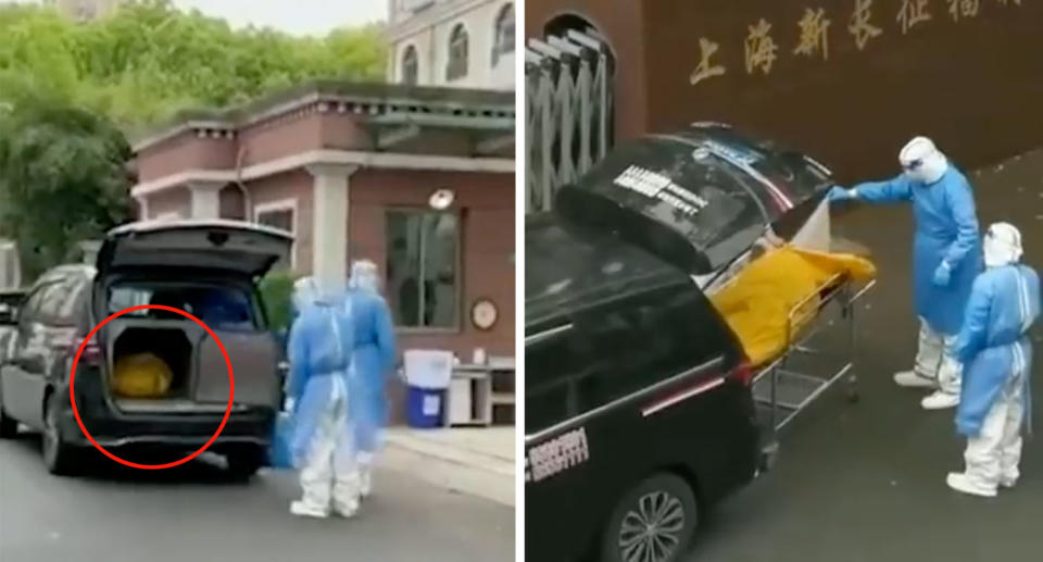 Funeral home staff transferring body bag into car in Shanghai, China