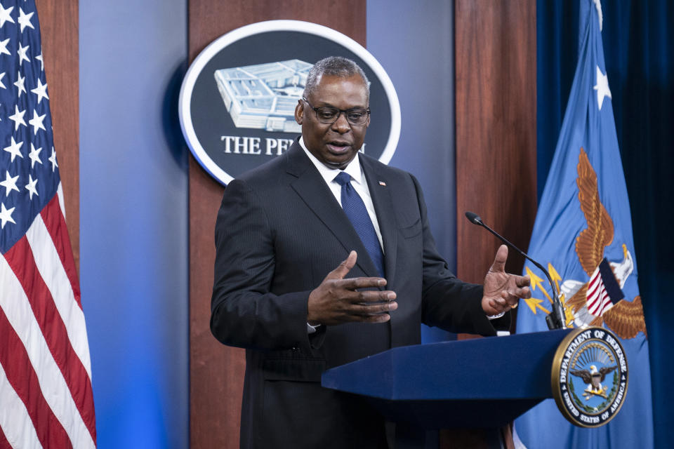 Secretary of Defense Lloyd Austin speaks during a media briefing at the Pentagon, Wednesday, Aug. 18, 2021, in Washington. (AP Photo/Alex Brandon)