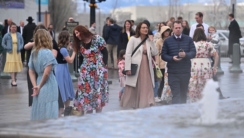 Thousands begin gathering at the Conference Center for General Conference in Salt Lake City on Saturday, April 6, 2024.