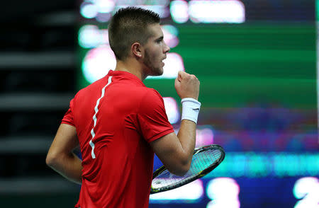 Tennis - Croatia v France - Davis Cup Semi Final - Kresimir Cosic Hall, Zadar, Croatia - 16/9/16 Croatia's Borna Coric react during his singles match against France's Richard Gasquet. Reuters/Antonio Bronic