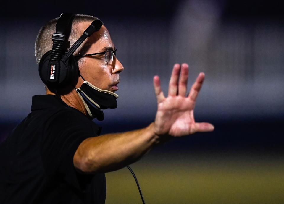 Jasper head coach Tony Lewis on the sideline late in the fourth quarter as the Wildcats beat the Panthers 35-14 as the Reitz Panthers host the Jasper Wildcats at the Reitz Bowl Friday, September 4, 2020.