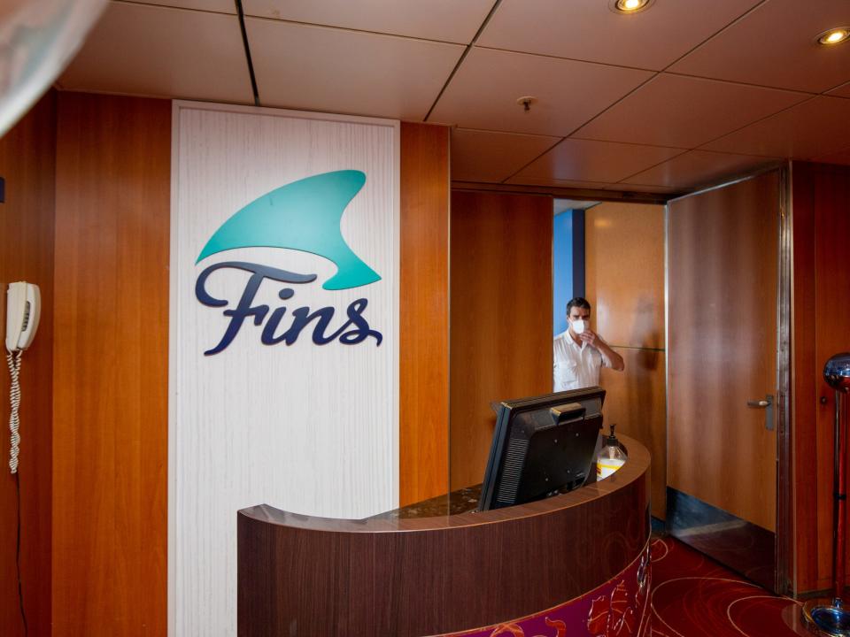A wall with a graphic that says "fins."