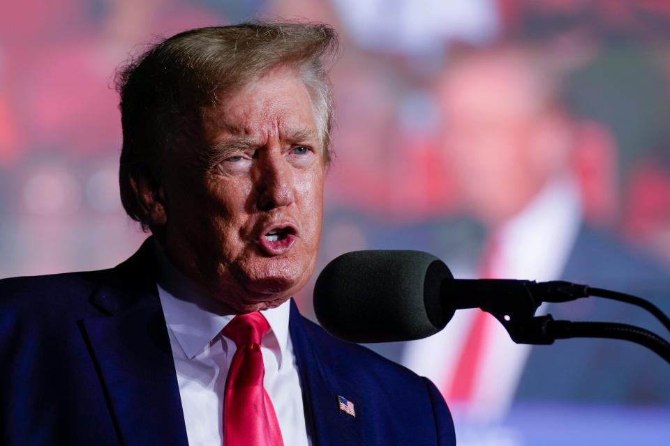 Former President Donald Trump speaks at a rally Aug. 5, 2022, in Waukesha, Wis.