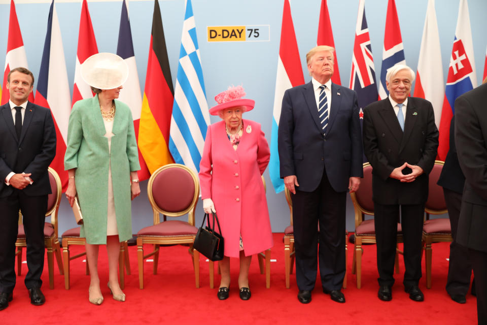 (left to right) President of France Emmanuel Macron, Prime Minister Theresa May, Queen Elizabeth II, US President Donald Trump and President of Greece Prokopis Pavlopoulos during a meeting of leaders of the Allied Nations at the 75th Anniversary of the D-Day landings at Southsea Common, Portsmouth.