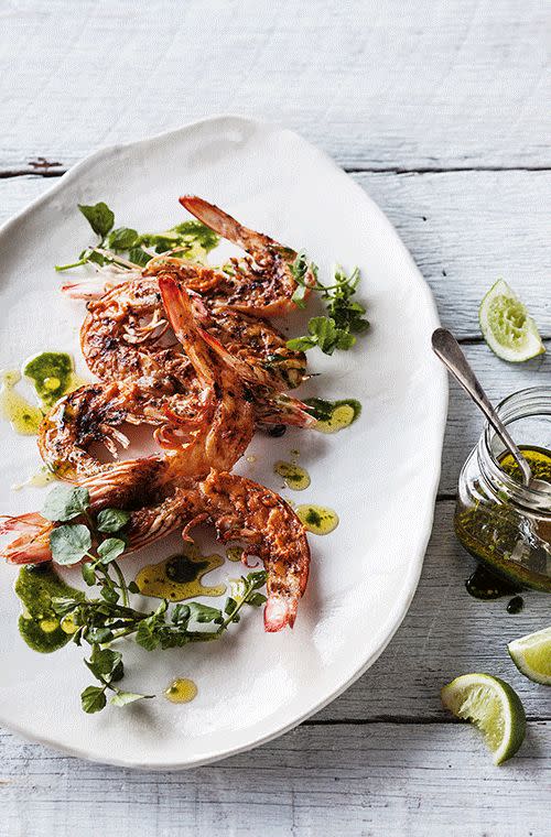 Grilled King Prawns with Bloody Mary Butter and Green Oil