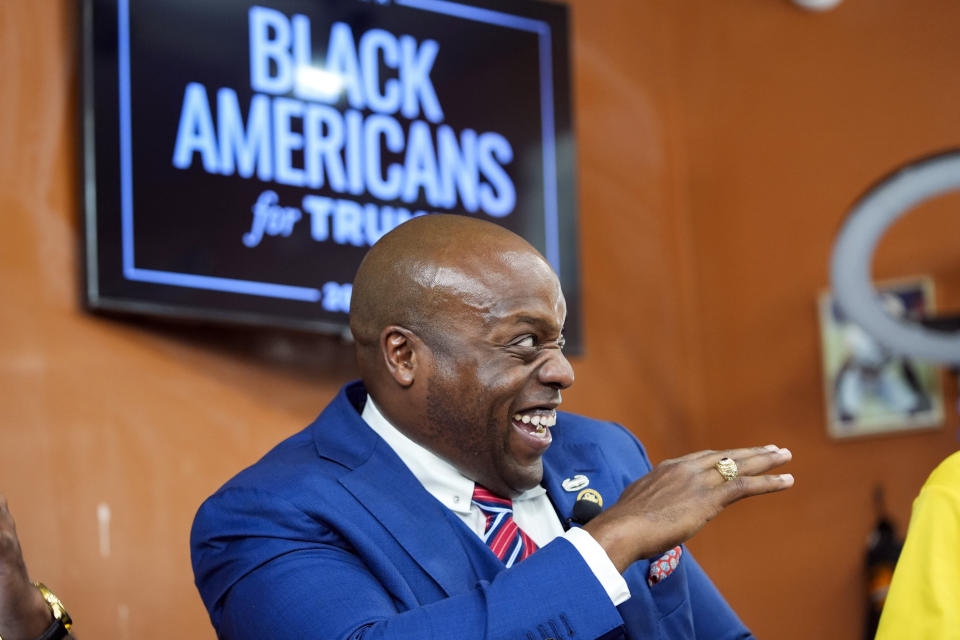 Rep. Wesley Hunt, R-Texas, speaks during an event Wednesday, June 26, 2024, in Atlanta, hosted by the Donald Trump campaign billed as a "Black American Business Leaders Round Table," at Rocky's Barber Shop, in advance of the presidential debate between President Joe Biden and Republican presidential candidate former President Donald Trump. (AP Photo/Gerald Herbert)