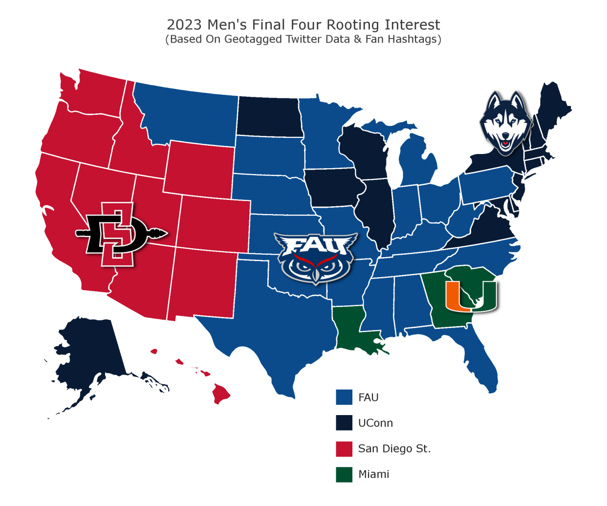 Map showing Men's Final Four rooting interests.