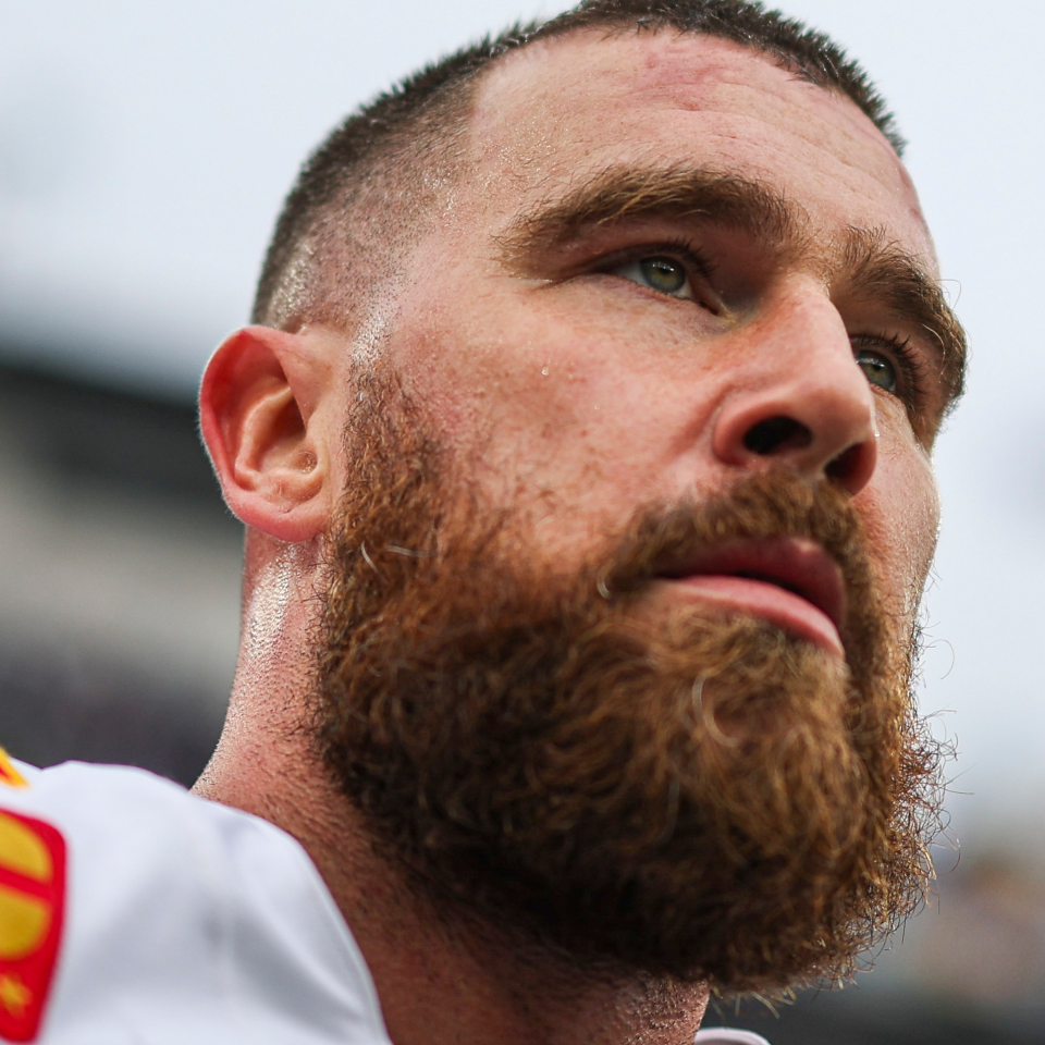 Travis Kelce #87 of the Kansas City Chiefs warms up prior to the AFC Championship NFL football game against the Baltimore Ravens at M&T Bank Stadium on January 28, 2024 in Baltimore, Maryland.