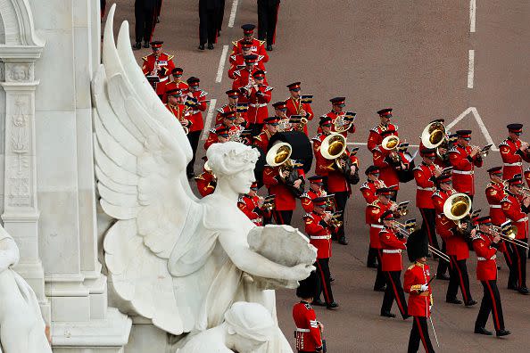 LONDON, ENGLAND - SEPTEMBER 19: Band of the Coldstream Guards on parade during the State Funeral of Queen Elizabeth II on September 19, 2022 in London, England. Elizabeth Alexandra Mary Windsor was born in Bruton Street, Mayfair, London on 21 April 1926. She married Prince Philip in 1947 and ascended the throne of the United Kingdom and Commonwealth on 6 February 1952 after the death of her Father, King George VI. Queen Elizabeth II died at Balmoral Castle in Scotland on September 8, 2022, and is succeeded by her eldest son, King Charles III.  (Photo by Chip Somodevilla/Getty Images)