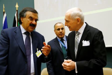 Khaled al-Jarallah (L), Deputy Foreign Minister of Kuwait, talks with William Lacy Swing, Director General of the International Organisation for Migration (IOM), at the Pledging Conference for Rohingya Refugee Crisis in Bangladesh at the United Nations in Geneva, Switzerland October 23, 2017. REUTERS/Denis Balibouse