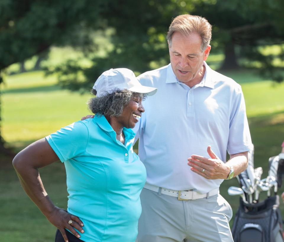 Renee Powell and Jim Nantz talk during the "Celebration of Clearview with Jim Nantz" at Clearview Golf Club, Monday, Aug. 9, 2021.