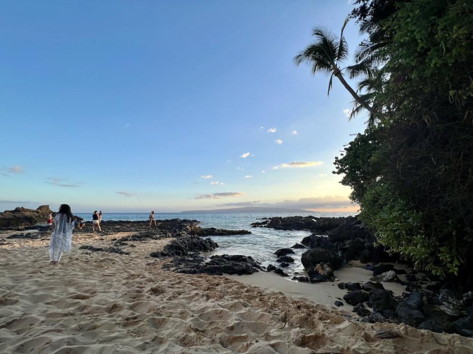 View of secret cove beach at sunset, with sand, water and palm trees