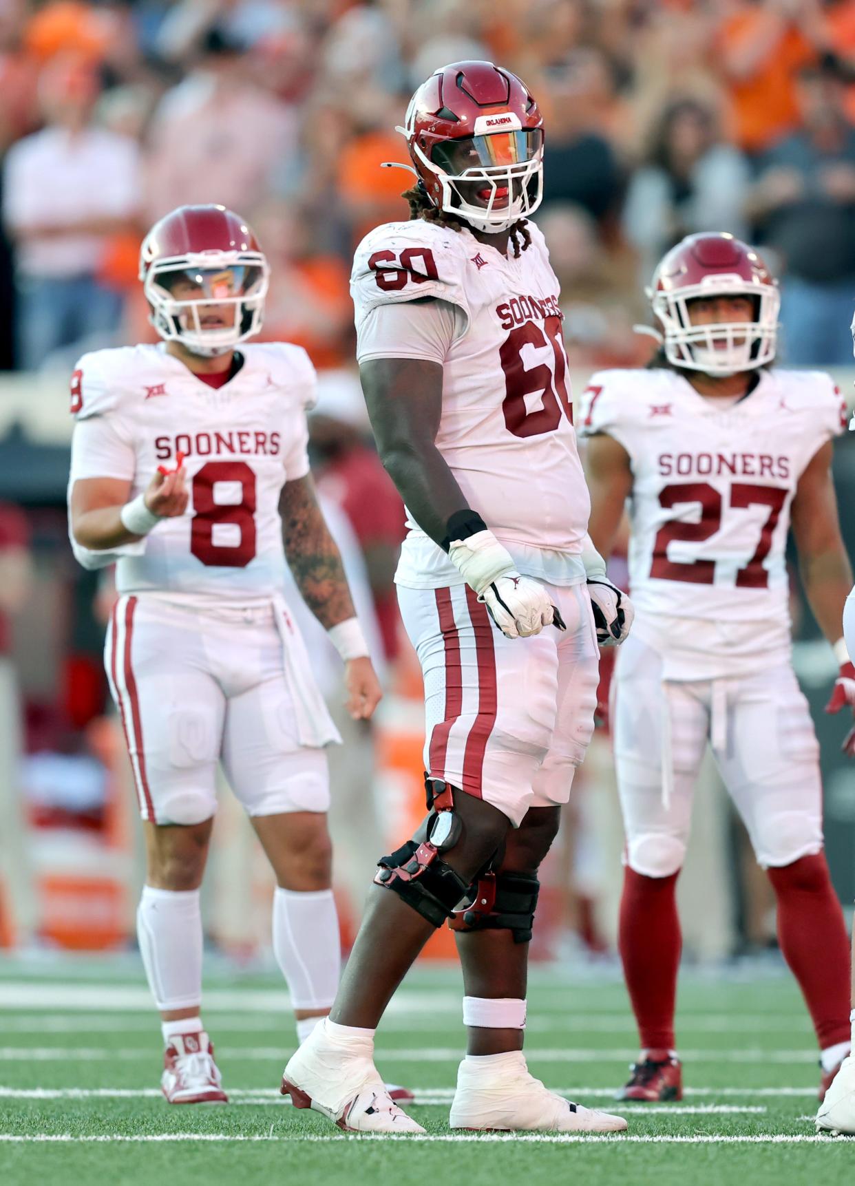 OU offensive lineman Tyler Guyton (60) is projected to go in the first round of the NFL Draft on Thursday.