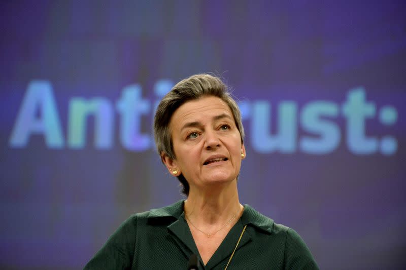 FILE PHOTO: EU antitrust chief Margrethe Vestager gives a news conference on antitrust case at European Commission in Brussels