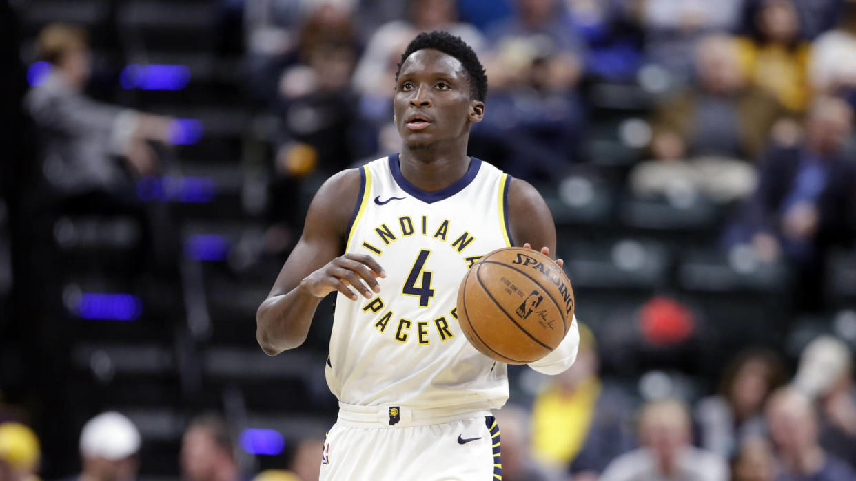 Mandatory Credit: Photo by Michael Conroy/AP/REX/Shutterstock (9342839aa)Indiana Pacers guard Victor Oladipo (4) brings the ball up court against the Charlotte Hornets during the second half of an NBA basketball game in Indianapolis, .