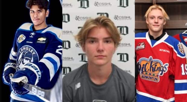 From left: Hockey players Ronin Sharma, Parker Magnuson and Caleb Reimer were killed in a car crash in Surrey, B.C., early Saturday morning. Police are still determining the cause of the crash.  (Langley Rivermen/Edmonton Oil Kings/Delta Hockey Academy - image credit)