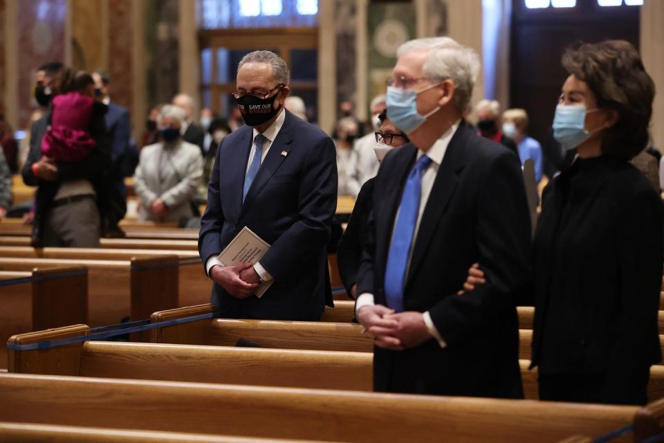 <p>Mitch McConnell and his wife, former transportation secretary Elaine Chao, attend the service, as does Chuck Schumer (left).</p>