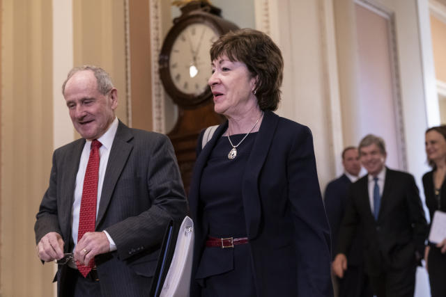 Sen. Jim Risch, R-Idaho, chairman of the Senate Foreign Relations Committee, left, walks with Sen. Susan Collins, R-Maine, as they arrive at the Senate for the start of the impeachment trial of President Donald Trump on charges of abuse of power and obstruction of Congress, at the Capitol in Washington, Tuesday, Jan. 21, 2020. (Photo: J. Scott Applewhite/AP)