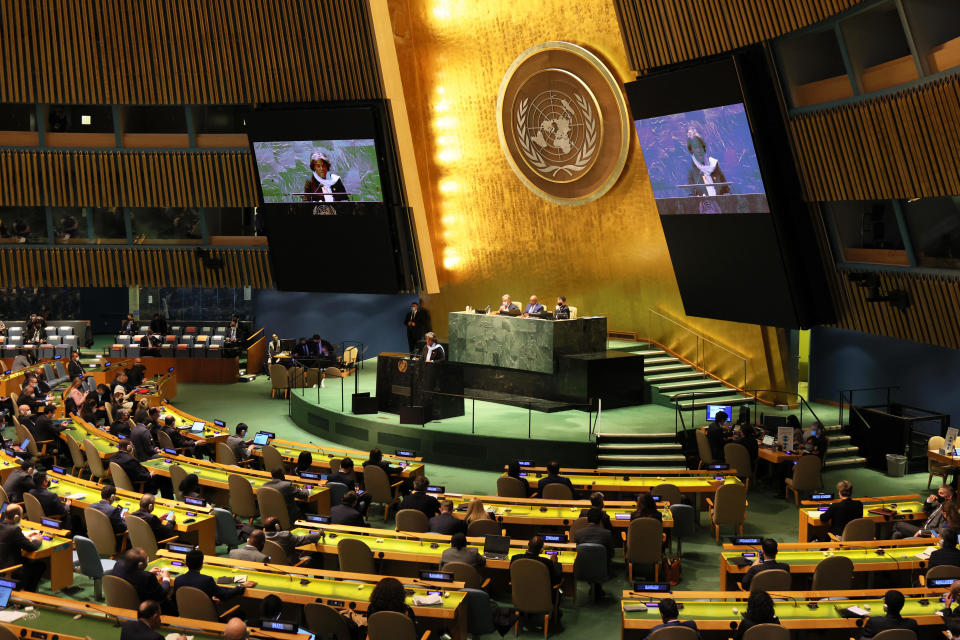 Linda Thomas-Greenfield, United States Ambassador to the United Nations, speaks during  a special session of the General Assembly at the United Nations headquarters on March 2, 2022 in New York City. / Credit: Michael M Santiago/Getty Images/Getty Images