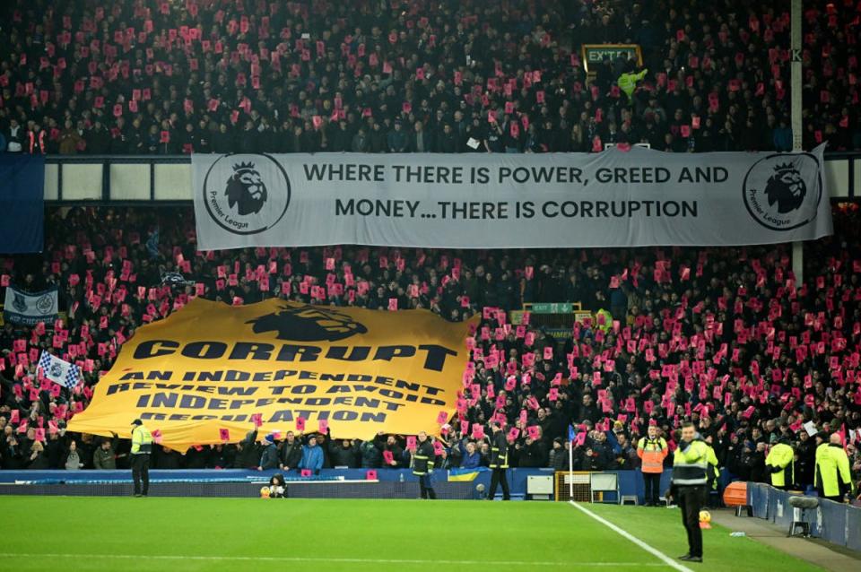 Everton fans protest the club's 10-point deduction for breaching the Premier League's winning and sustainability rules earlier this season - the penalty was later reduced to six (Getty)