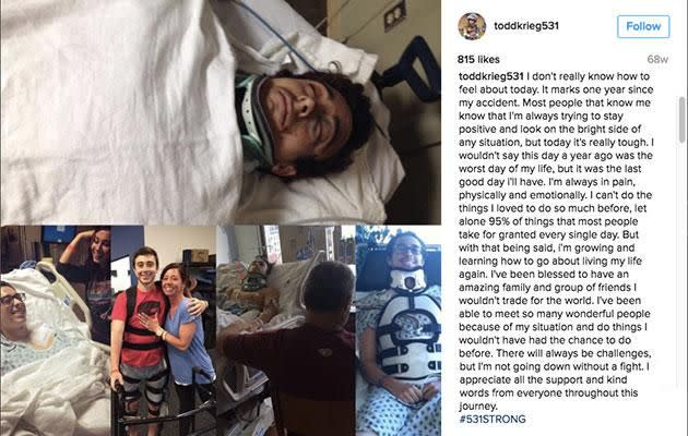 Todd became a paraplegic in 2014, he talks about it in this post. Photo: Instagram