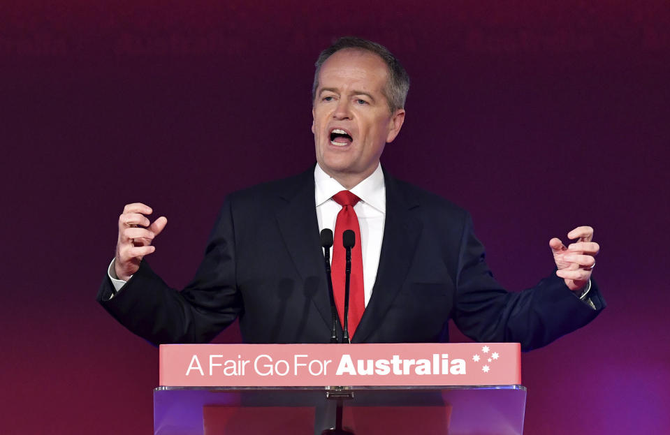 Opposition leader Bill Shorten speaks at the launch of Labor's federal election campaign at the Brisbane Convention and Exhibition Centre in Brisbane, Sunday, May 5, 2019.