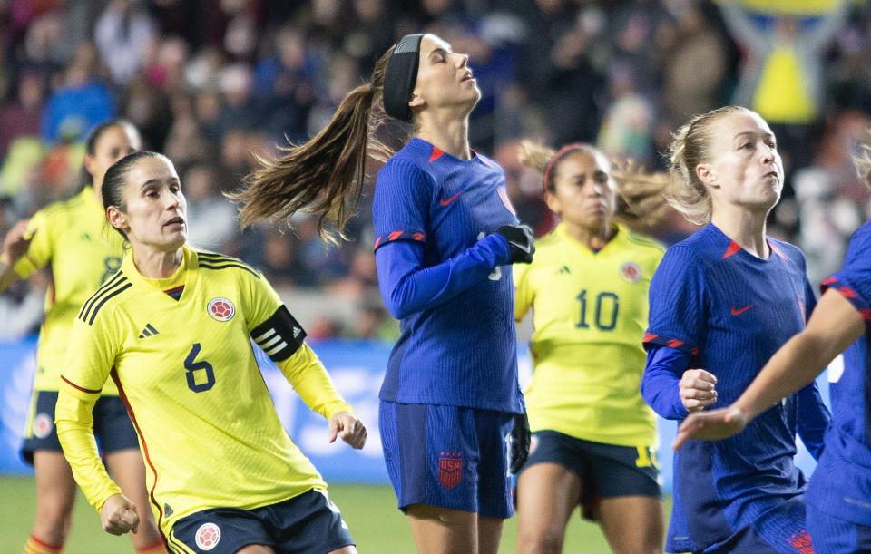 SANDY, UT - OCTOBER 26:  Alex Morgan #13 of the United States reacts after missing a penalty kick against Colombia during the first half of their game at America First Field on October 26 2023 in Sandy, Utah. (Photo by Chris Gardner/Getty Images)