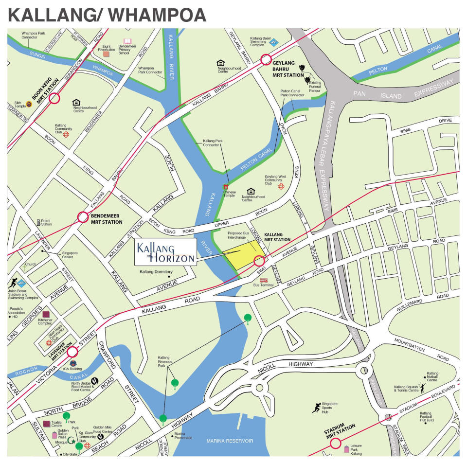 Location of Kallang Horizon Nov 2022 Kallang/Whampoa BTO flats, bounded by Lorong 1 Geylang and the Kallang MRT station. Source: HDB