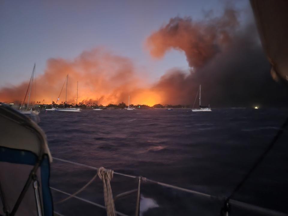Lahaina fire viewed from a sailboat