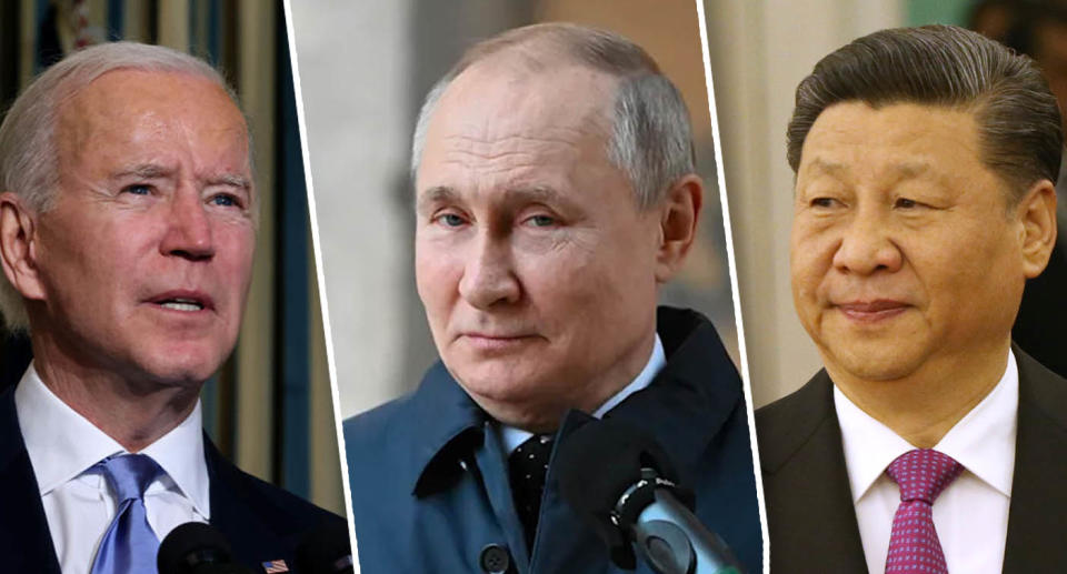 Close up shots of US President Joe Biden, Russian President Vladimir Putin and Chinese President Xi Jinping