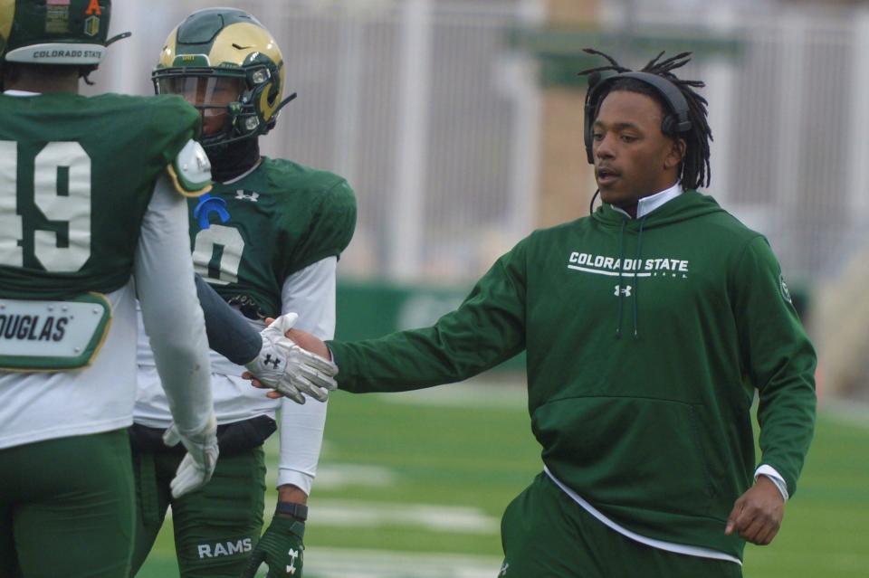 Colorado State football student assistant coach Aaron Moore during a practice on Saturday, April 6, 2024.