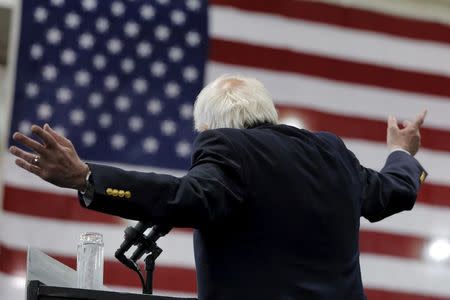 Democratic U.S. presidential candidate Bernie Sanders speaks during an election rally in Erie, Pennsylvania, U.S., April 19, 2016. REUTERS/Lucas Jackson