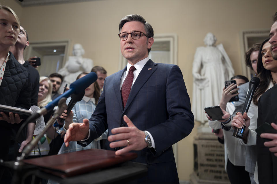 Speaker of the House Mike Johnson, R-La., talks to reporters just after the House voted to approve $95 billion in foreign aid for Ukraine, Israel and other U.S. allies, at the Capitol in Washington, Saturday, April 20, 2024. (AP Photo/J. Scott Applewhite)