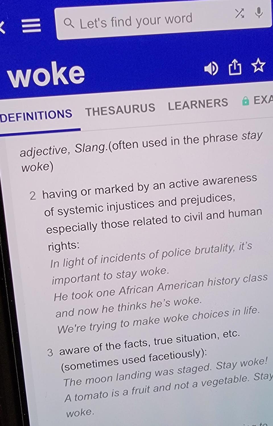 A divisive slang word is "woke," which means to be alert to social justice.