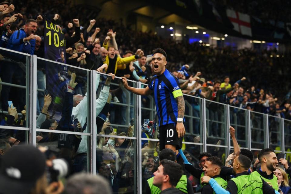 Lautaro Martinez with the Inter fans after reaching the Champions League final (Getty Images)