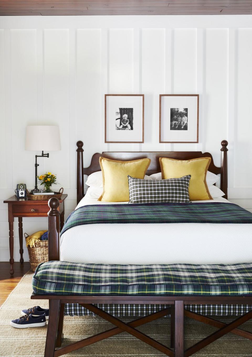 main bedroom, plaid linens, board and batten walls lakeside cabin, houston lake, georgia walter gray, kelly gray