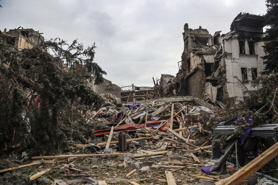 A view of the Mariupol theater damaged during fighting in Mariupol, in territory under the government of the Donetsk People's Republic, eastern Ukraine, Monday, April 4, 2022. (AP Photo/Alexei Alexandrov)