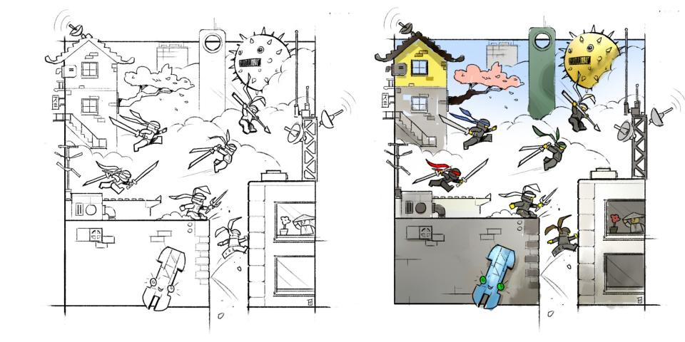 <p>Storyboard panels show the characters in action. “I found the most fun aspect of this model was how easy the size allowed me to visualize the characters’ movements and interactions around the city,” says Stamp. (Credit: Lego) </p>